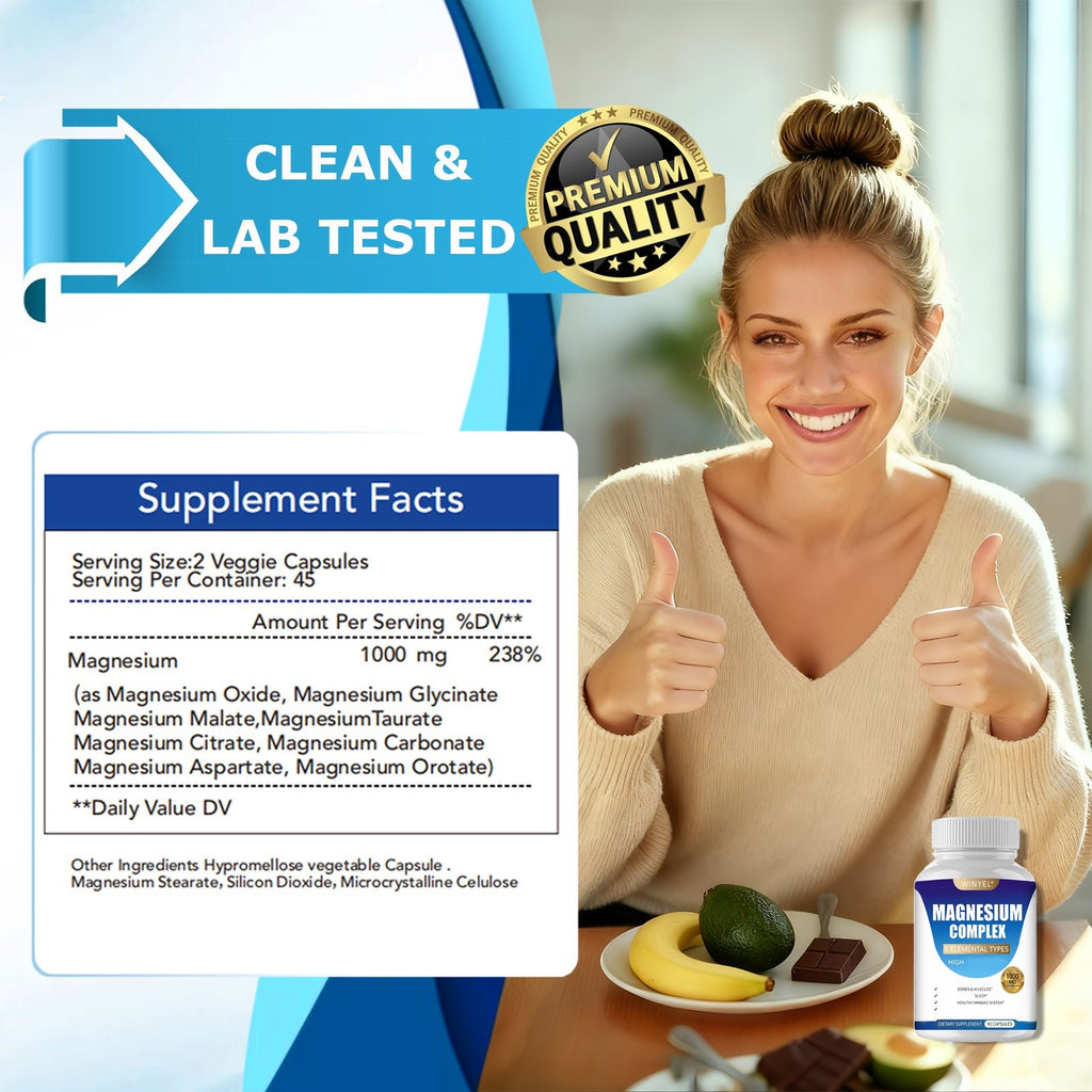 MAGNESIUM COMPLEX Wellness Capsules With Malate & Glycinate And 8 ELEMENTAL MAGNESIUM, Supports Health 90 Capsules, Dietary Supplement. - VIRALCORE HEALTH